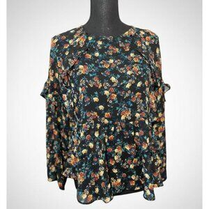 A.N.A. semi sheer floral ruffled top XS autumn colors boho micro print